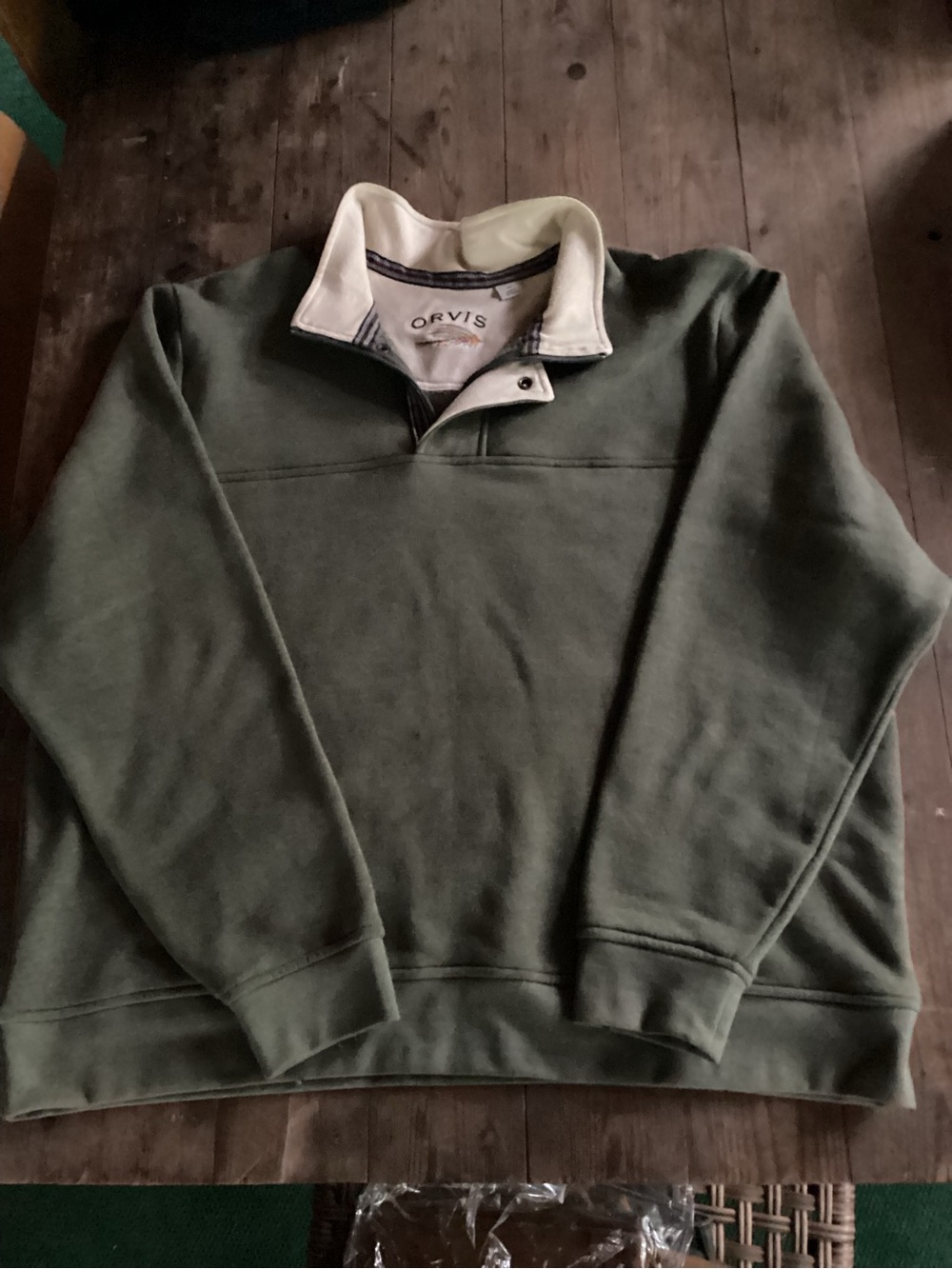 Orvis Men's Olive Green Snap-Quarter Zip Pullover with Cream Collar